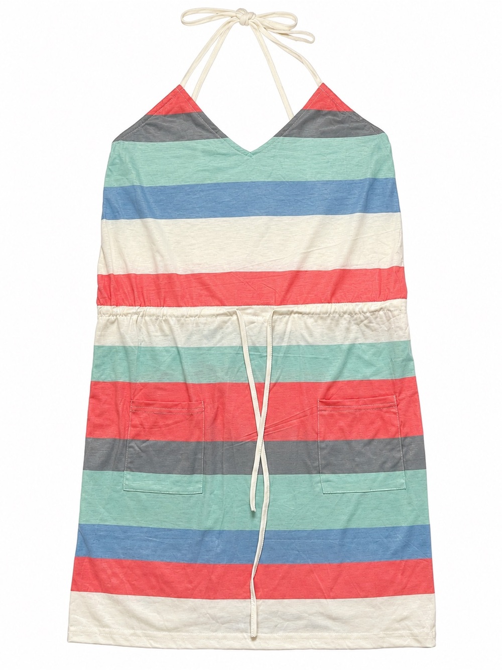 Striped Halter Dress Women’s XXL Colorblock Drawstring Waist Pocket Sundress